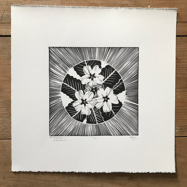 Primrose (Sabhaircín) Irish Wildflower Lino Cut Print | Original Handmade & Limited Edition by Mary Callaghan